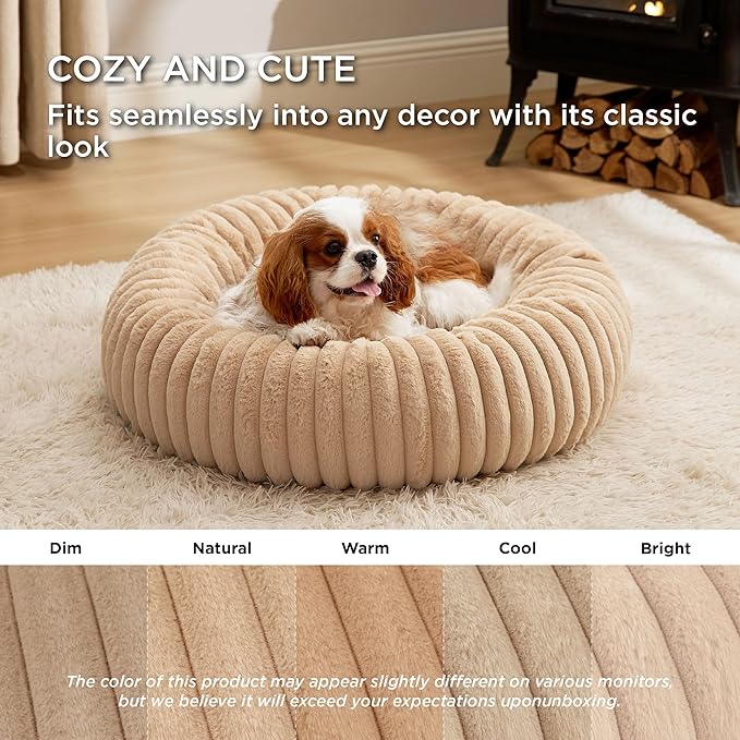 Bedsure ComfyFleece™ Donut Medium Dog Bed - Washable Faux Fur with Corduroy Fleece & Anti Slip Bottom, Round Pet Bed with Removable Cover, Sandy Beige, 30x30x8 inches