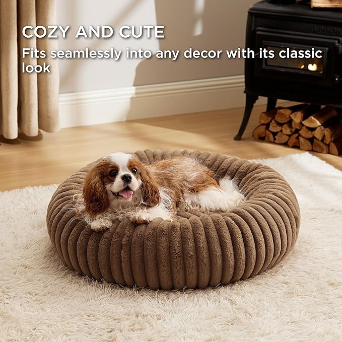Bedsure ComfyFleece™ Donut Medium Dog Bed - Washable Faux Fur with Corduroy Fleece & Anti Slip Bottom, Round Pet Bed with Removable Cover, Camel Brown, 30x30x8 inches