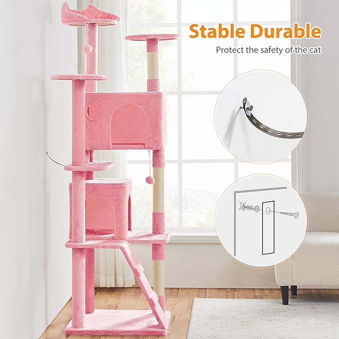 Yaheetech XL Cat Tree, 80in Multi-Level Cat Tower w/Scratching Posts, Double Condo, Perched Platforms and Dangling Balls, Pet Activity Center for Kittens, Pink