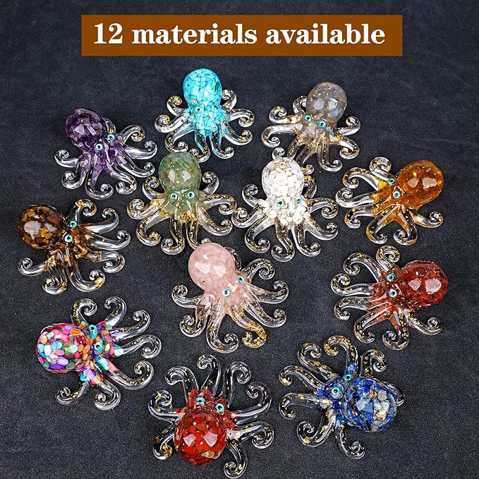 Natural Crystal Gravel Octopus Resin Marine Animals Fish Tank Decorative Ornaments Octopus Statue Healing Crystal Home Decor Ladies Gift 3.93" (White-Turquoise, 3.93")