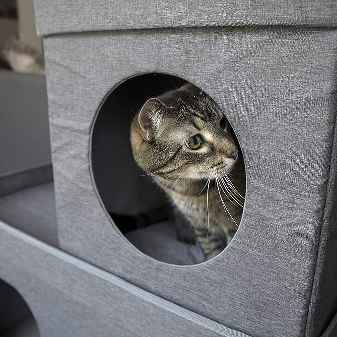 Kitty City Large Stackable Cat Condo & Cube House, Modular Indoor Cat Furniture with Plush Washable Beds, Collapsible Cat Cave & Lounging Ottoman, Grey