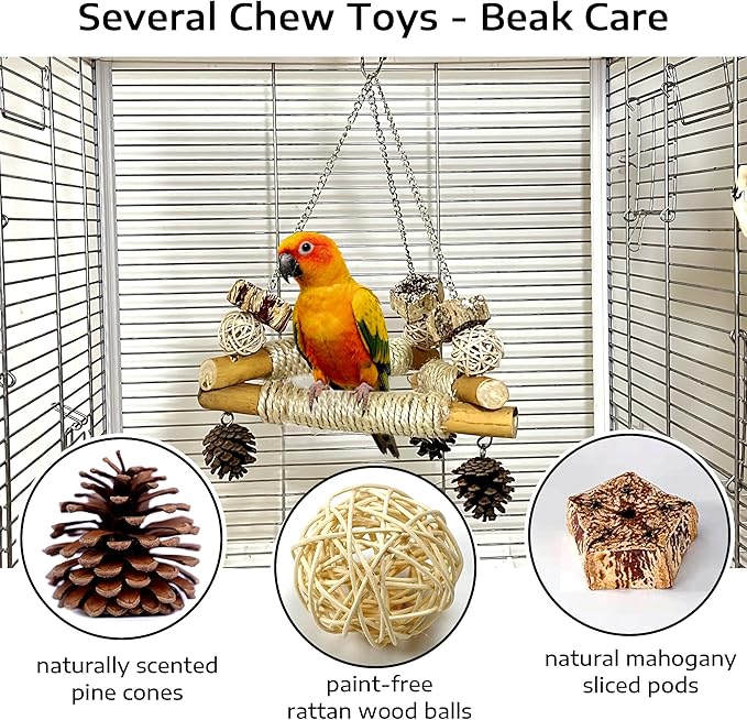 Large Bird Swing for Cage with Chew Toys, 3 Sisal-Wrapped Bird Perches & Stable Triangle Design, Wooden Hanging Quaker Toy Swing for Medium-Sized Bird Cockatiel Ring-Necked Caique Balance Training (L)