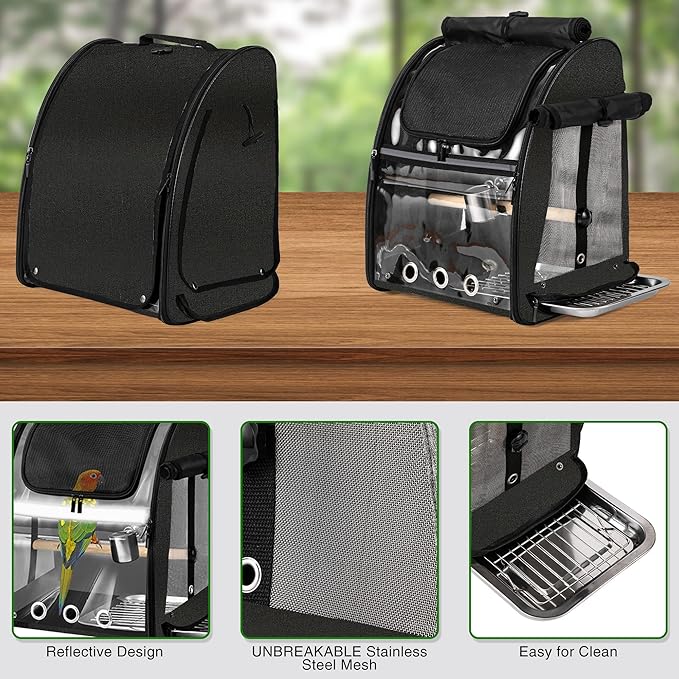 SUERTREE Bird Carrier Bag with Indestructible Stainless Steel Mesh, Bird Travel Cage with Stand, Easy to Clean Backpack for Parrot, Portable Bird Travel Bag, Black