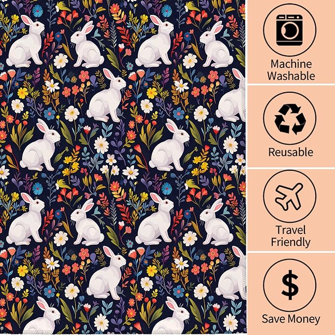 Cute Rabbit Hand Towels - 2 Pack, 14.5" X 28",Soft Microfiber Polyester Dark Towel Set with Adorable Bunny and Floral Pattern,for Fun Bathroom Kitchen Spa Hotel Decor Gifts Women Girls
