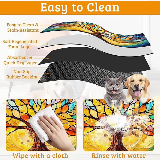 Tree of Life Feeding Mat,Colorful Tree Absorbent Quick-Dry Cat Dog Food and Water Bowl Mats,Non-Slip Rubber Backing Mat,Cat Dog Accessories Supplies 16" x 24"