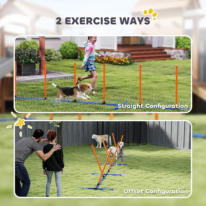 PawHut Adjustable Dog Agility Training Equipment, Dog Agility Course Backyard Set with Weaves Poles, Carry Bag and Ground Stakes for Pet Park Games Exercise