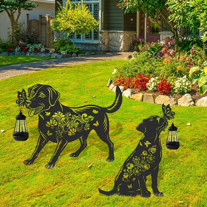 Solar Lights Garden Decor - 2 Pcs Metal Dog Statues Outdoor Decorative Yard Stakes with Lantern Waterproof Patio Lawn Pathway Ornaments Christmas Decorations Gifts for Women Animal Lover