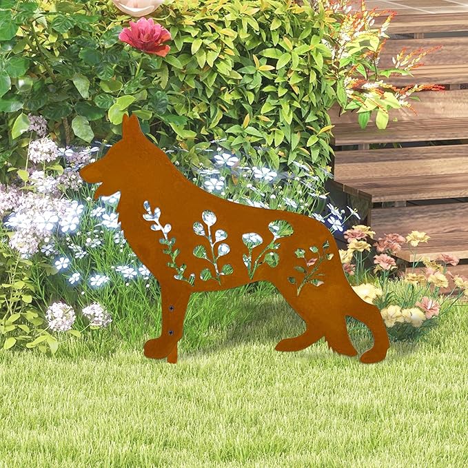 Dog Garden Stake - Unique Gift for Dog Lovers,Black Metal Outdoor Decor, Durable Yard Art Statue (Rust German Shepherd)