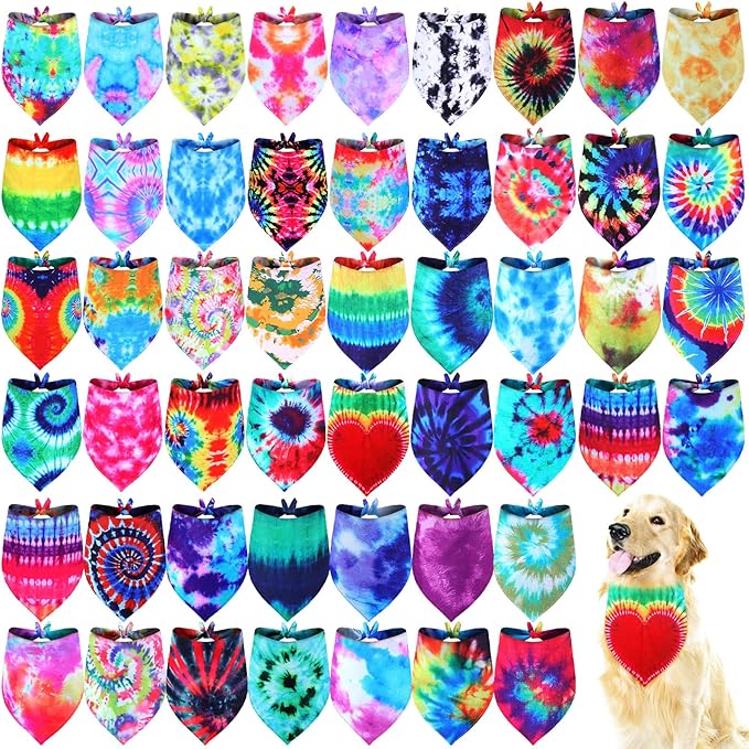 Silkfly 50 Pcs Summer Tie Dye Dog Bandanas Bulk Pet Scarf Grooming Salon Triangle Washable Dog Bib Kerchief for Large Pet Birthday Party(Large)