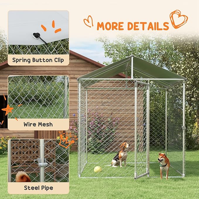 PawHut Outdoor Dog Kennel, Heavy Duty Dog Run Outdoor Fence with Waterproof Cover, Galvanized Chain Link, Secure Lock, for Large Breeds, Chickens, Ducks, 6.5' x 6.5' x 7.8'