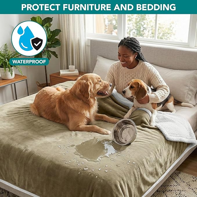 PetAmi Waterproof Dog Blanket for Queen Bed Large XL Dog Throw for Couch Cover Leakproof Furniture Protection, Sherpa Fleece, Reversible Soft Washable 90x90 Taupe