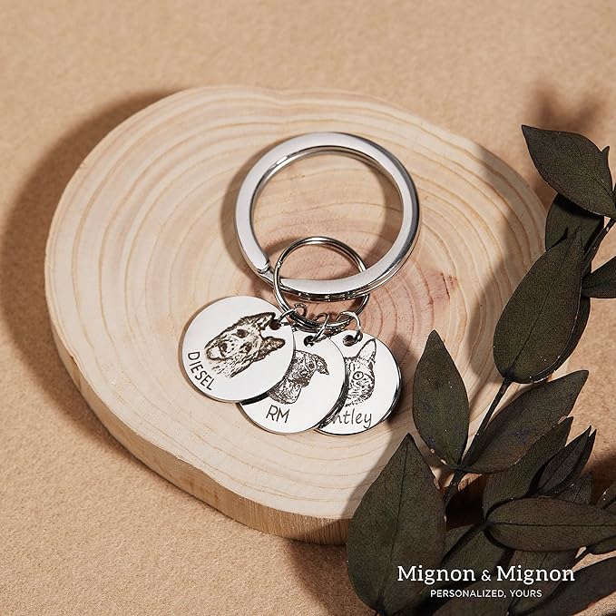 MignonandMignon Custom Pet Portrait Keychain Personalized Multiple Dog Cat Photo Engraved Memorial Christmas Gifts -LCKR-AP