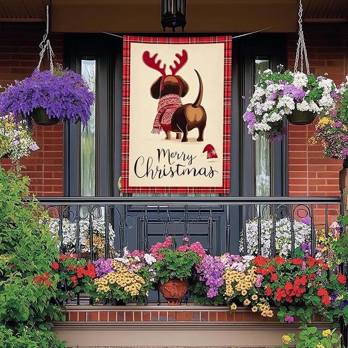Merry Christmas Garden Flag Back View Dog Reindeer Antlers 28 x 40 Inch Double Sided Welcome Large Yard Banners for Dog Lovers Porch Home Simple Outdoor Winter Holiday Pet Decor