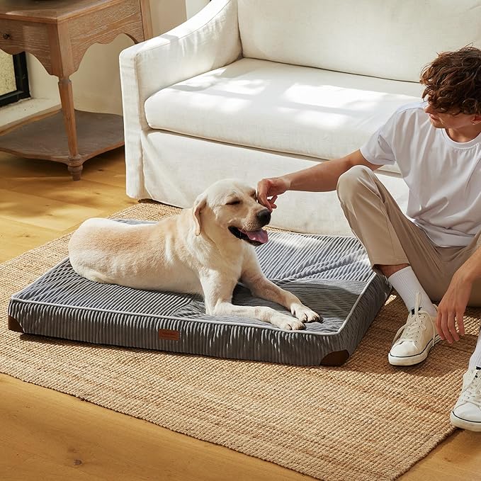 FUKUMARU Dog Bed, Thickened Corduroy Orthopedic Dog Beds with Washable Cover, XL Waterproof Dogs Bed for Crate, 28D Egg Crate Foam Support Pet Mat, Cozy Pet Bed Pad with Anti-Slip Bottom, Grey