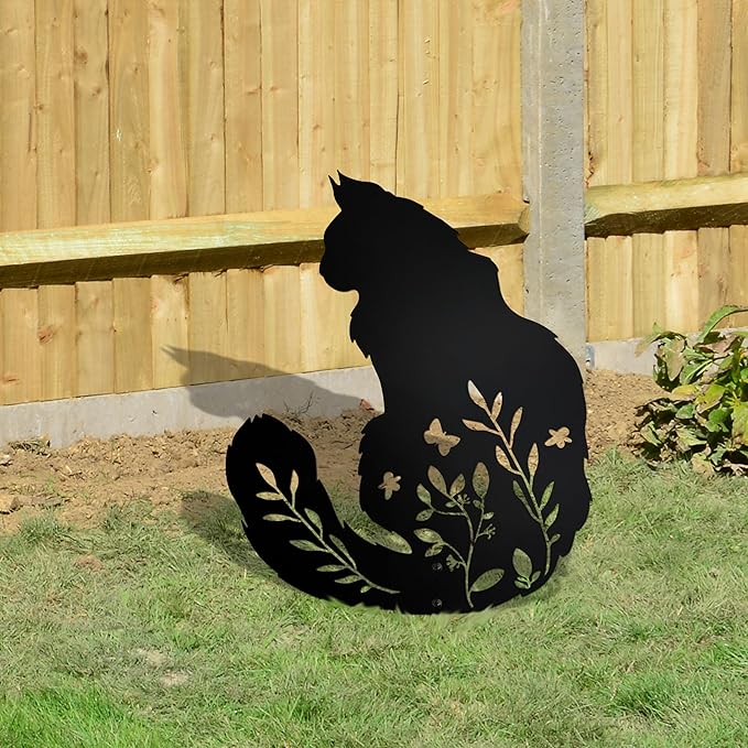 Maine Coon Cat Garden Stake - Elegant Black Cat Statue with Floral Design for Outdoor Decor, Pet Memorial Gifts, and Yard Art, Decorative Metal Cats Grave Markers for Lawn and Garden, Cats Lover Gifts
