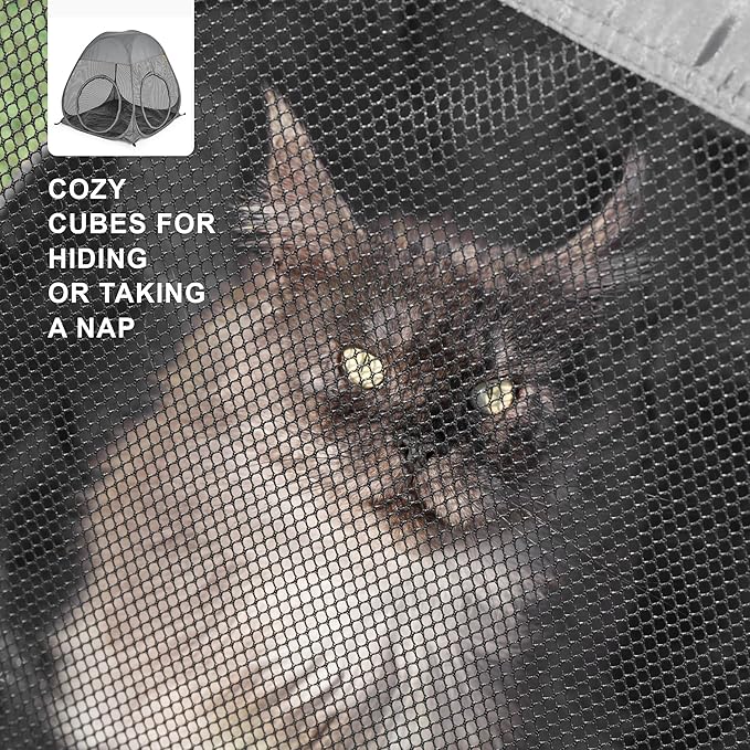 Catio Outdoor Cat Enclosure, 3-in-1 Extra Large Portable Cat Playpen with Tower Tent & Tunnel, Foldable Waterproof Mesh Catio for Indoor Outdoor Cats & Small Pets