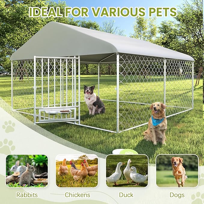 10FT x 10FT Outdoor Dog Kennel with Roof, Outside Dog Run Fence with Rotated Dog Bowls, Large Dog House Pen Enclosure with Secure Lock&Textilene Door