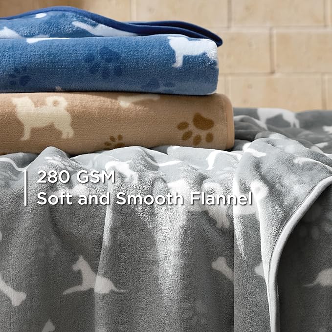 Bedsure 1 Pack 3 Pet Blankets, Super Soft Fluffy Premium Fleece Flannel Portable Throw Dog Blankets for Small Dogs, Printed Cat Puppy Blanket Grey/Brown/Blue Medium(30x40 inch)