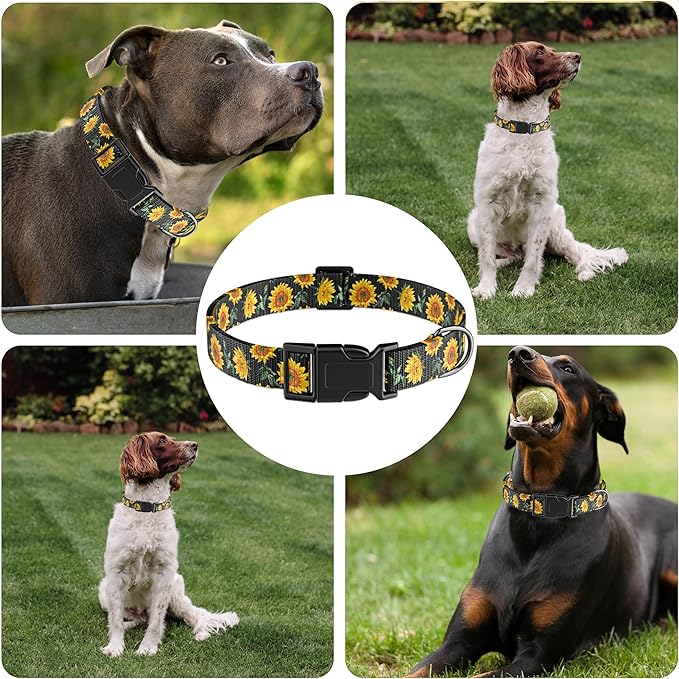 Dog Collar for Boys Girls, Sunflower Puppy Collar for Small Medium Large Dogs, Adjustable Soft Floral Pet Collar with Safety Buckle for Male Females(Black Sunflower,M)