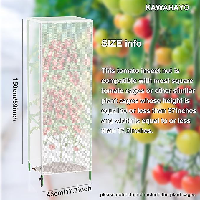 Garden Bird Netting Plant Cover for Square Tomato Cage, 59" x 17.7" Insect Barrier Tomato Cage Net with Zipper and Drawstring, Tomato Trellis Netting Protection Cover for Protecting Plant (3 Pack)