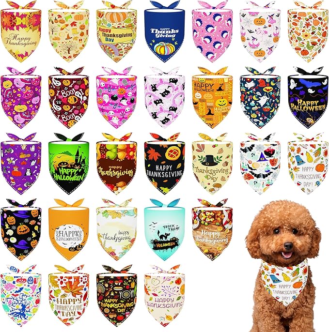 30 Pack Halloween Thanksgiving Dog Bandanas Bulk Stitch Dog Bandanas Small Dogs Polyester Scarves Puppy Cats Breed Party Grooming S