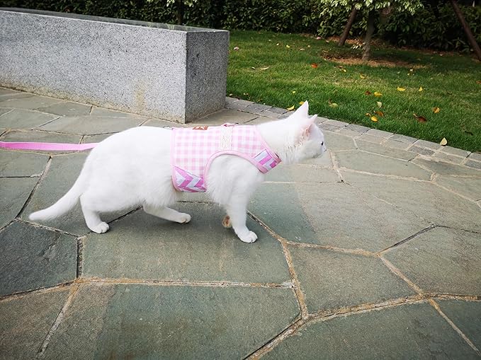 Cat Harness and Leash for Walking Escape Proof, Adjustable Cat Vest Harness, Padded Stylish Cat Walking Jackets, Pink Plaid, X-Small