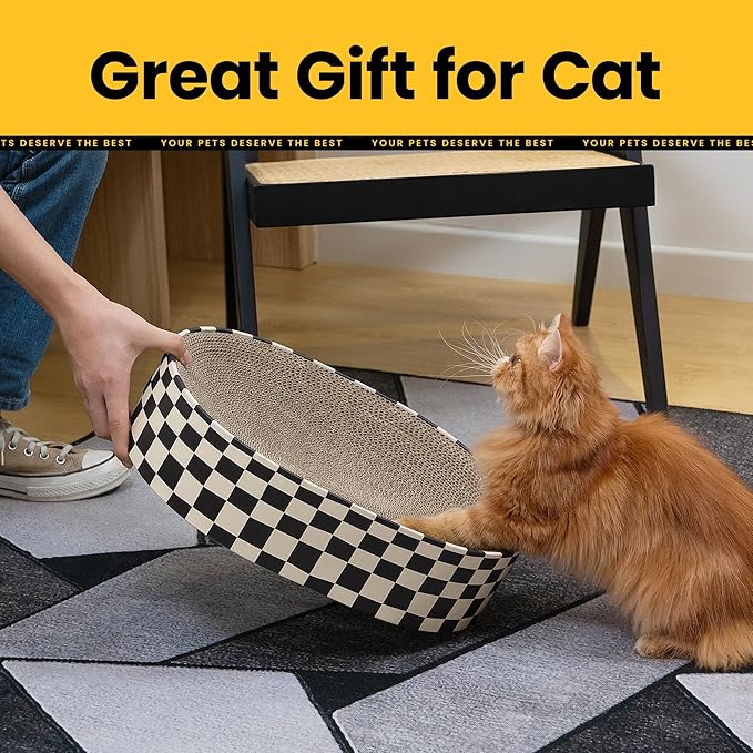 Cat Scratcher Cardboard, 2-in-1 Oval Scratching Pad & Lounge Bed, High-Density Corrugated Board with Enclosed Bottom to Catch Debris, Furniture Protector for Indoor Cats & Kittens