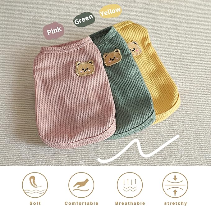 Waffle Knit Cat & Dog T Shirt for Small Dogs, Stretchable Puppy Shirt for Sphynx Cats & Small Breeds, Pet Clothes | Breathable Summer/Winter Apparel for Newborn(3PCS Small)