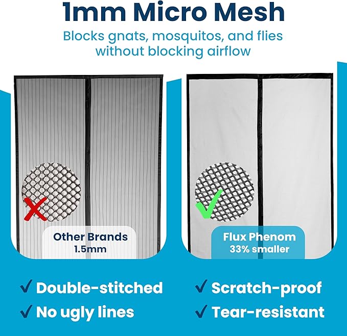 Flux Phenom Magnetic Screen Door - Bugs Out, Breeze in - 9min Install Auto-Sealing Heavy Duty Double Stitched Mesh, 52 Magnets, Hands Free Sliding & Patio Doors Net, Pet & Kid Friendly, 38 x 82 Inch