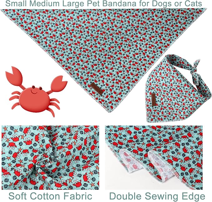 Summer Bandana - Cute Pet Bandana with Crabs Pattern, Adjustable Blue Puppy Bib, Washable Triangle Dog Scarf for Boy, Girl Dogs or Cats