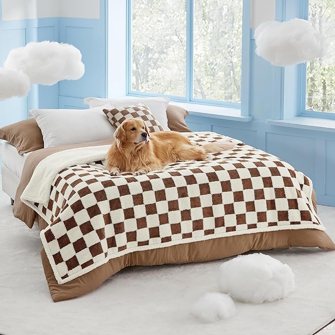 LE SURE Waterproof Dog Blanket for Large Dogs - Washable Double Sided Dog Blankets with Warm Jacquard Shag and Soft Sherpa Fleece, Pet Cat Blanket for Bed Protection, 3D Textured Checks, Brown