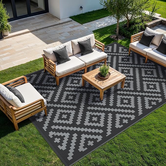 GENIMO Outdoor Rug for Patio Clearance,9'x12' Waterproof Large Mat,Reversible Plastic Camping Rugs,Rv,Porch,Deck,Camper,Balcony,Backyard,Black & Gray