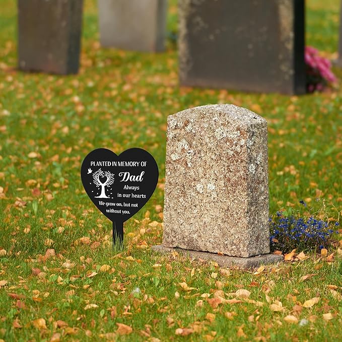 BUoonyer Stake Graves Cemetery Decorations - Dad Metal Memorial Grave Markers, Father Heart Graveyard Remembrance Decor Sign, Memorial Plant Tree Graveside Sympathy Plaque for Outside Yard