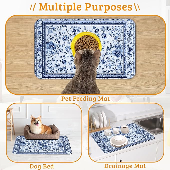 Blue Flower Dog Food Mat,Absorbent Pet Feeding Mat for Food and Water Bowl,Quick Dry Dog Placemat Non Slip Rubber Backing Waterproof Pet Supplies 12" x 20"