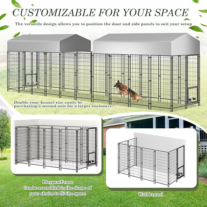 Grepatio Outdoor Dog Kennel for Large Dogs, 8x4x5.7 FT Dog Enclosure with Waterproof, Heavy Duty Welded Wire Steel Dog Playpen Fence with 2 Rotating Dogs Bowls, Outside Dogs Cage Run with Secure Lock
