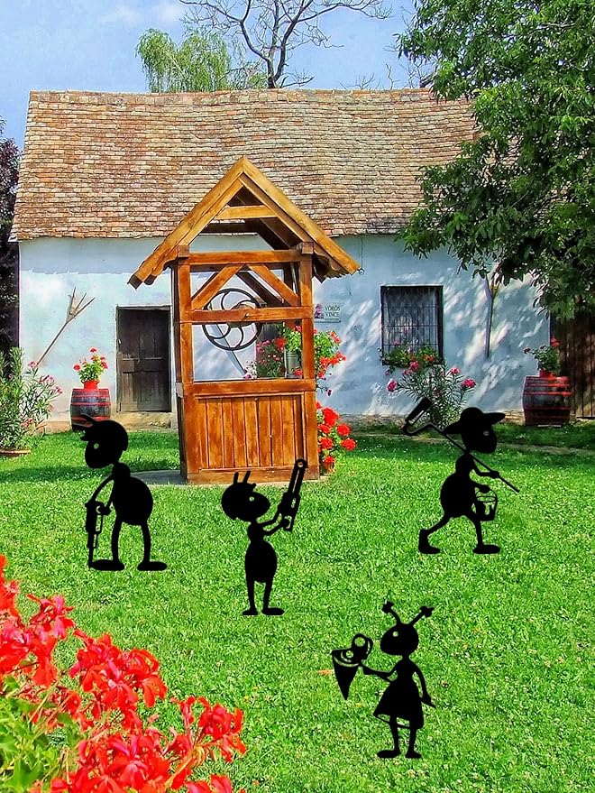 4 Piece Metal Ant Garden Decorative Stakes - Black Working Farm Yard Art Decor. Outdoor Art for Pathway & Lawn Patio Backyard Decoration Set