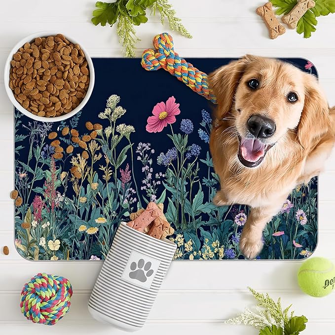 Wildflower Spring Floral Dog Cat Food Mat,Garden Flowers Absorbent Pet Feeding Mat for Food and Water,Non-Slip Dog Bowl Mats Floor Protector 16"x24"