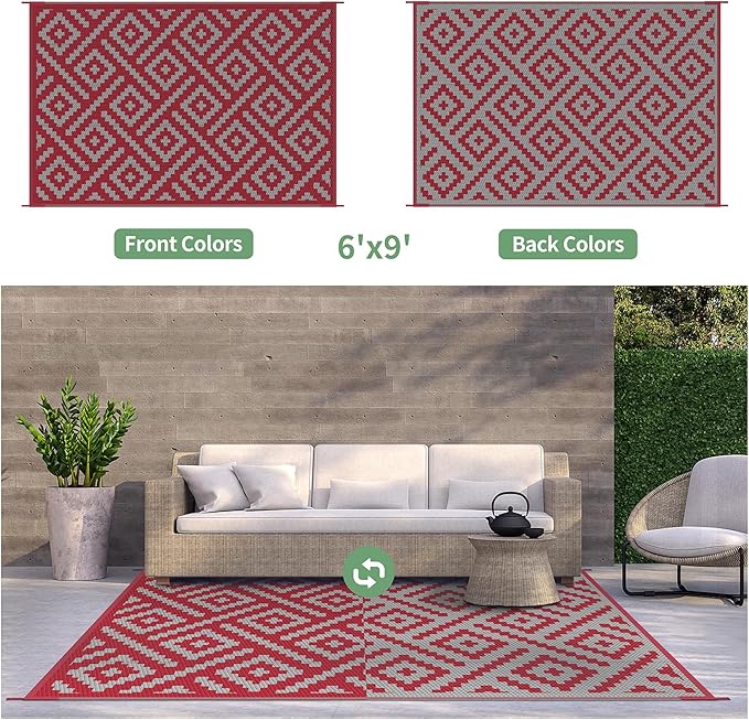 GENIMO Christmas Outdoor Rug for Patio Clearance, 6'x9' Reversible Plastic Straw Rugs, Lightweight Waterproof RV Camping Mat for Camper, Balcony, Deck, Backyard, Picnic, Red Grey