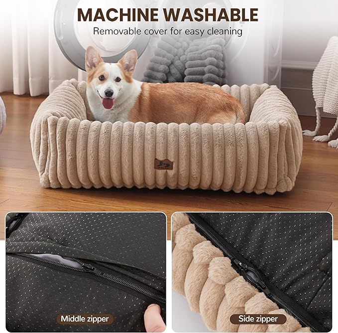 Washable Dog Bed for Small Medium Dogs - Rectangle Orthopedic Corduroy Fleece Pet Bed with Removable Cover and Nonskid Bottom, Calming Puppy Bed Soft Pet Sofa, Camel(35x25x9inchs)