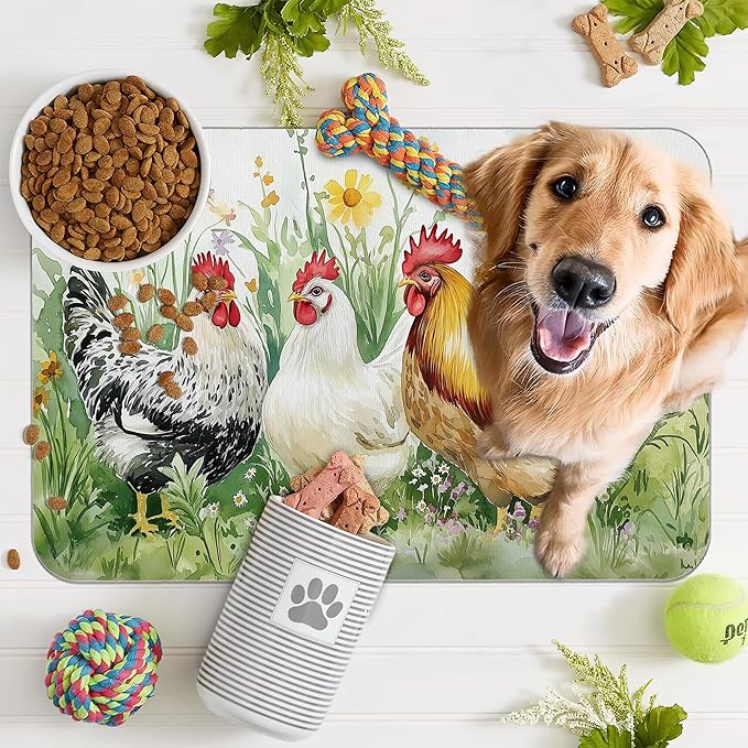 Chicken Rooster Dog Food Mat for Floors,Farm FlowerAbsorbent Pet Food and Water Bowl Mats,Non-Slip Pet Feeding Mat,Pet Supplies 16" x 24"