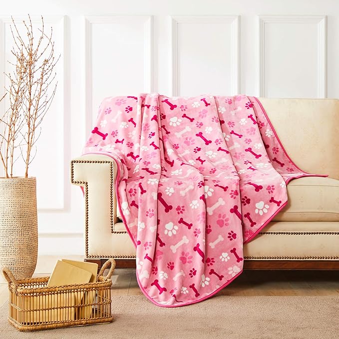 Allisandro Luxurious Dog Blanket, 350 GSM Super Fuzzy Microplush Fleece Pet Blankets for Small Medium Large Dogs and Cats, Pink Paw and Bone, 32" x 24"
