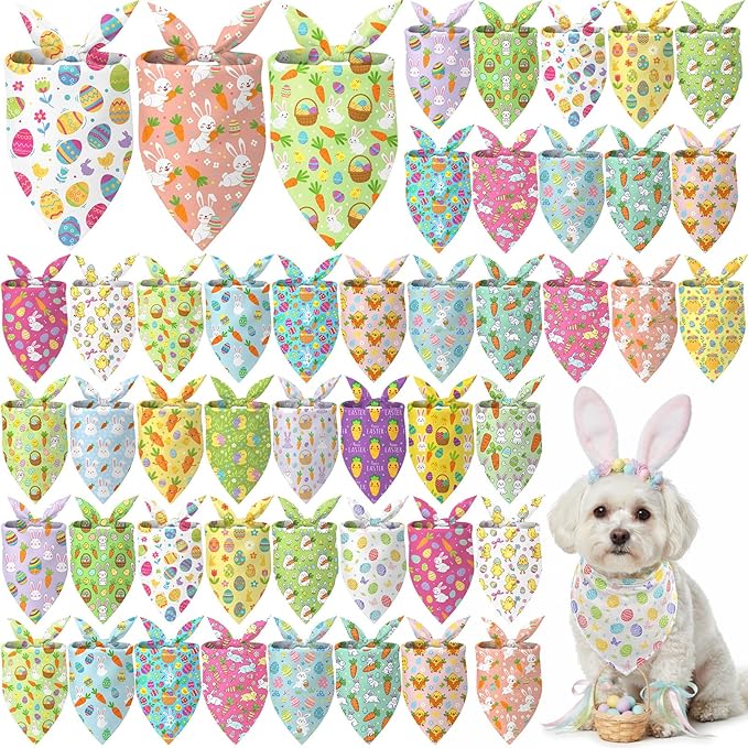Abbylike 50 Pcs Easter Dog Bandanas Bulk Bunny Egg Carrot Bandanas for Dogs Triangle Kerchief Bibs Scarf Set for Pet Easter Costume Photo Props Accessories Pet Shops, 25 Styles (19.7 x 13.8 x 13.8)