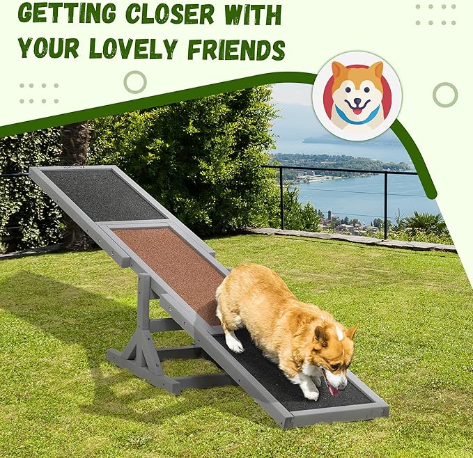 PawHut Wooden Dog Agility Seesaw for Training and Exercise, Platform Equipment Run Game Toy, Weather Resistant Pet Supplies, 71" L x 12" W x 12" H, Gray