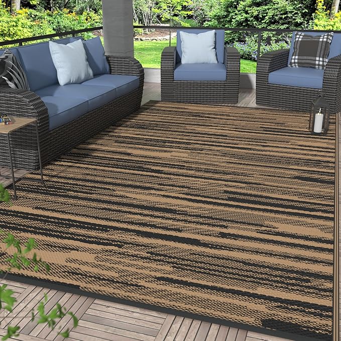 GENIMO Outdoor Rug for Patio Clearance, 6'x9' Waterproof Camping Mat, Reversible Plastic Straw Rugs for RV, Camper, Balcony, Backyard, Picnic, Deck (Black Brown)