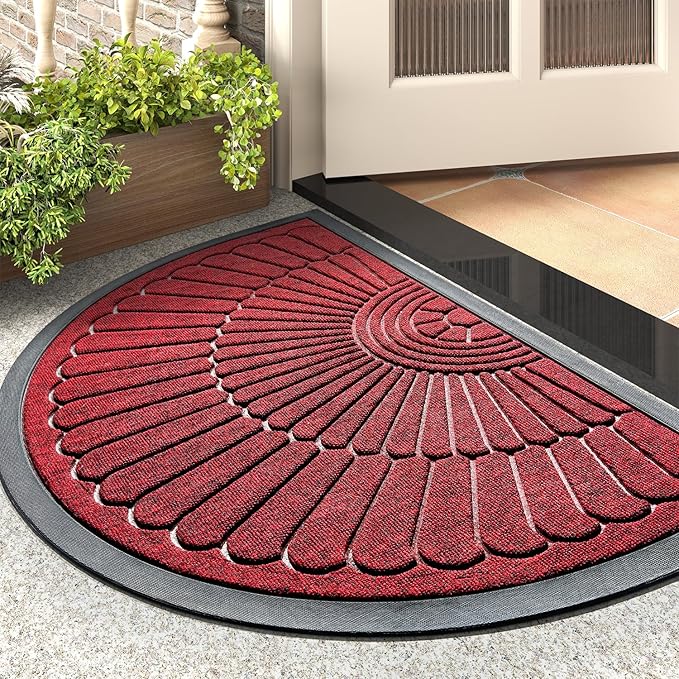 tchdio Door Mat Outdoor Indoor Entrance Doormat-Semicircular Durable Rubber Non Slip Front Door Mat for Outside Inside Entry Entryway Dirt Trapper WelcomeMat for Muddy Paws and Shoes-Red 17”x30”