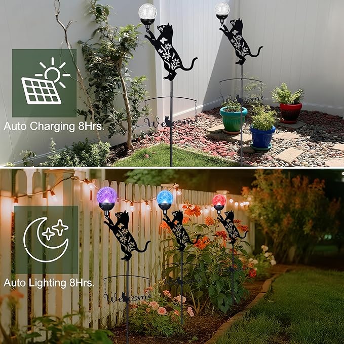 Cat Solar Lights Outdoor Garden Decor,40” Black Cat Stake with Color Changing Crackle Glass Ball Light,Metal Cat Silhouette Welcome Sign for Yard,Lawn,Pathway,Patio,Unique Gift Ideas