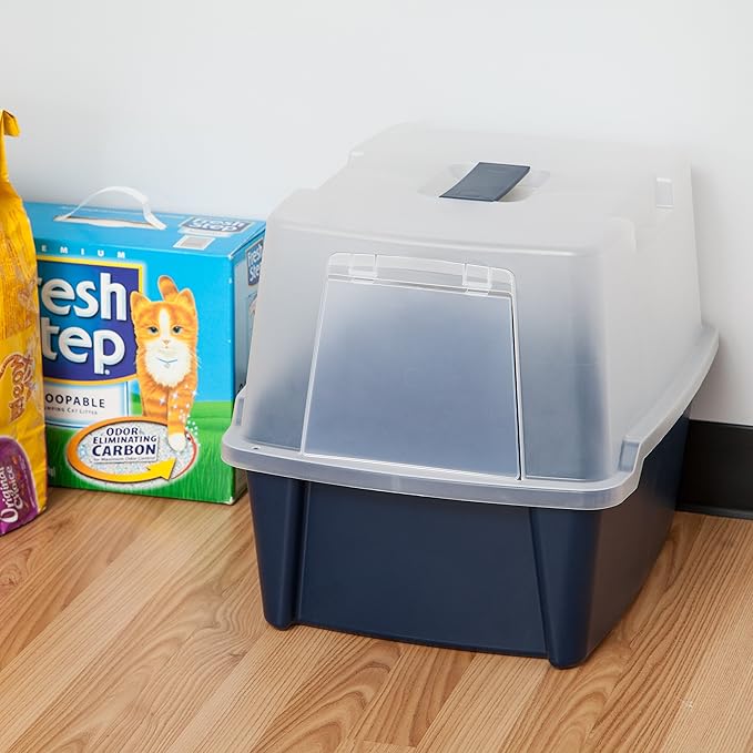 IRIS USA Cat Litter Box, Litter Box Enclosure with Scoop and Front Door Flap, Covered Kitty Litter Box for Privacy, Portable, Easy to Clean, Navy