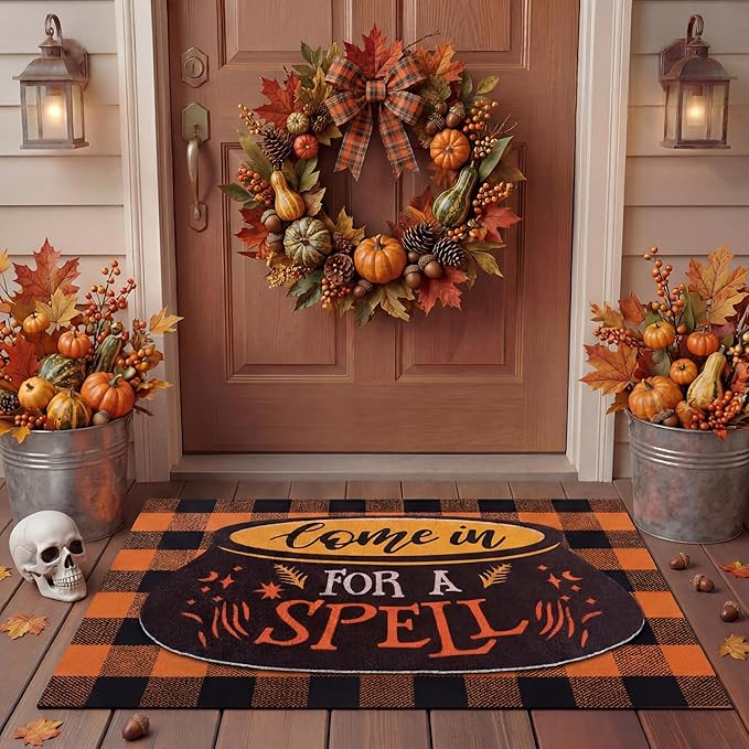 Tinideya 2 Pcs Halloween Door Mat Come in for A Spell Welcome Non Slip Coir Mats Funny Black Orange Buffalo Plaid Floor Layering Doormats Seasonal for Front Porch Entryway Decor(Come in for A Spell)