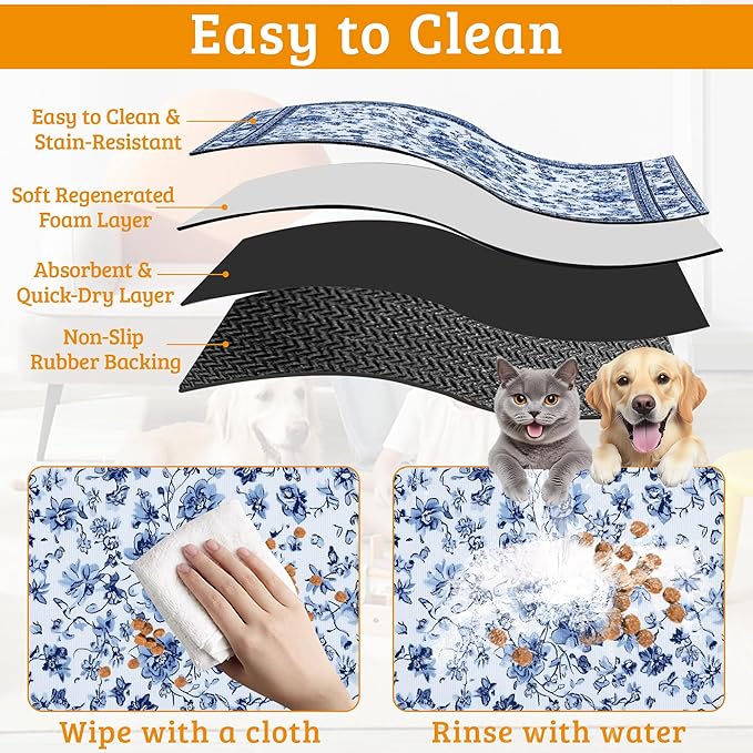 Blue Flower Dog Food Mat,Absorbent Pet Feeding Mat for Food and Water Bowl,Quick Dry Dog Placemat Non Slip Rubber Backing Waterproof Pet Supplies 12" x 20"