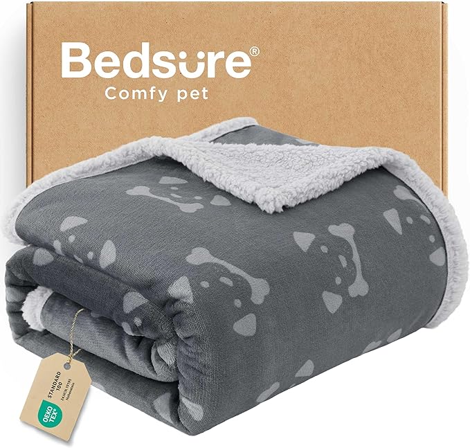 Bedsure Waterproof Dog Blankets for Large Dogs - Soft Print Sherpa Fleece Pet Cat Blanket Washable for Couch Bed Protection, Cozy Plush Reversible Throw Furniture Protector, 50"x60", Smokey Grey